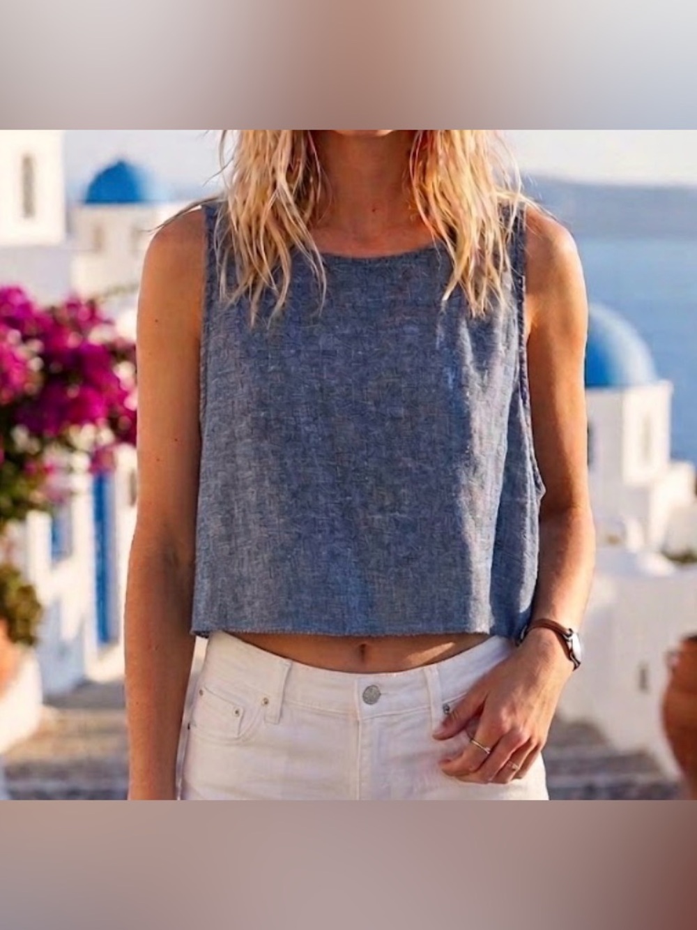 dip Linen Blend Nautical Americana Boho Crop Top Blue Sleeveless Round Neck XL